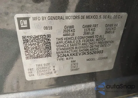 2019 Chevrolet Equinox Lt from USA, damaged, VIN 3GNAXKEV3KS526903